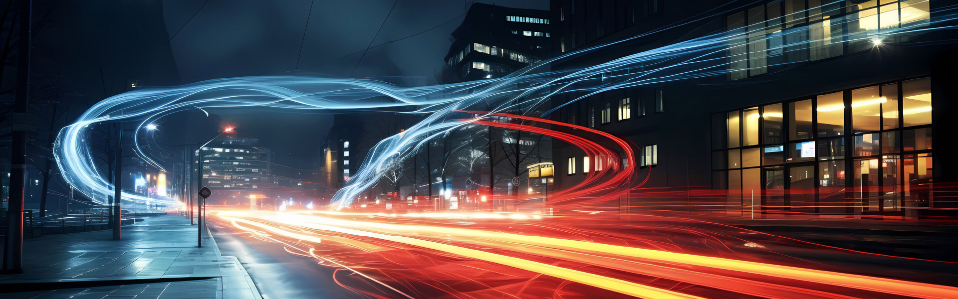 Straßenzug mit bunt fließendem Strom